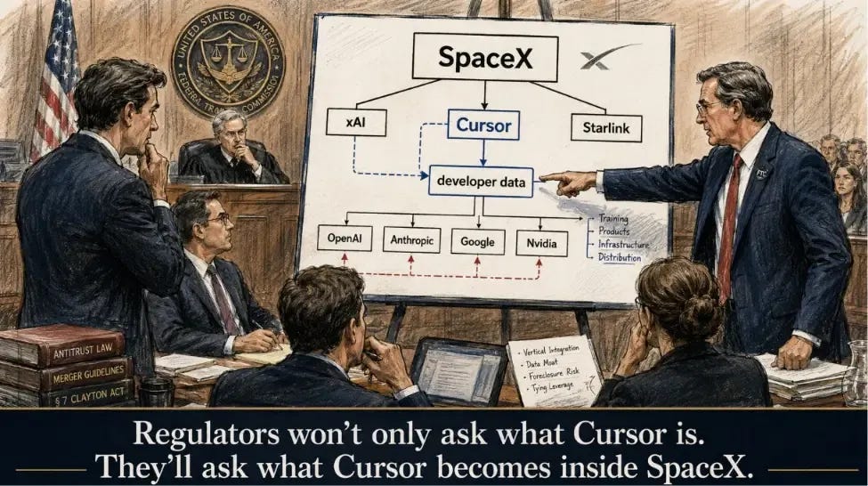 courtroom-style sketch of lawyers reviewing a giant merger diagram labeled SpaceX, xAI, Cursor, OpenAI, Anthropic, Google, and Nvidia, with a regulator pointing at the "developer data" box.