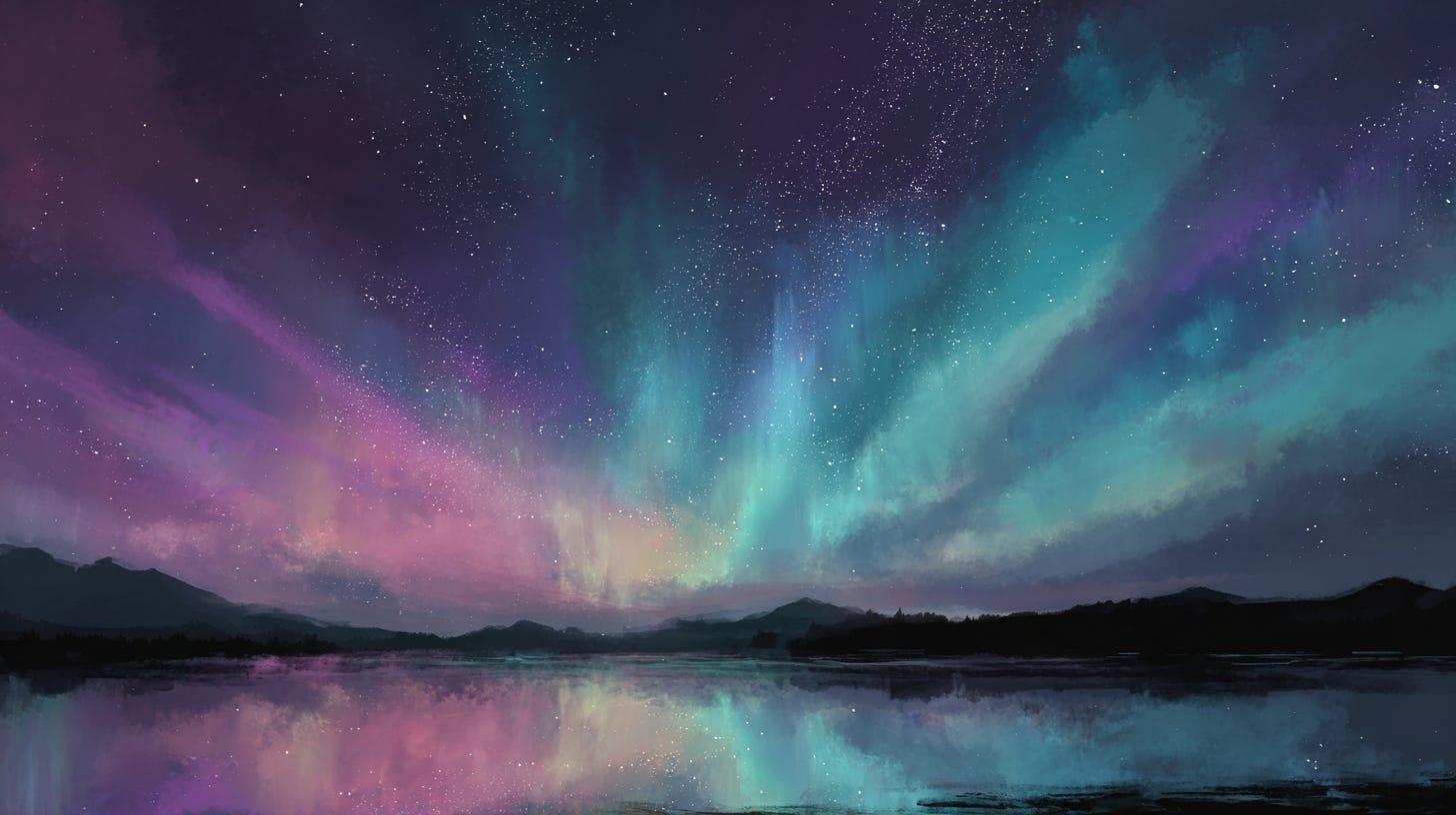 Northern lights over mountains and a lake.