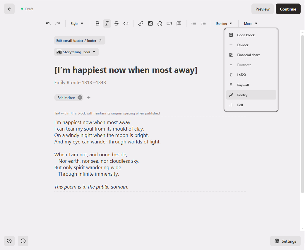 Sub Poems Poets: Use this 'More' menu to set your poem exactly the way you want it