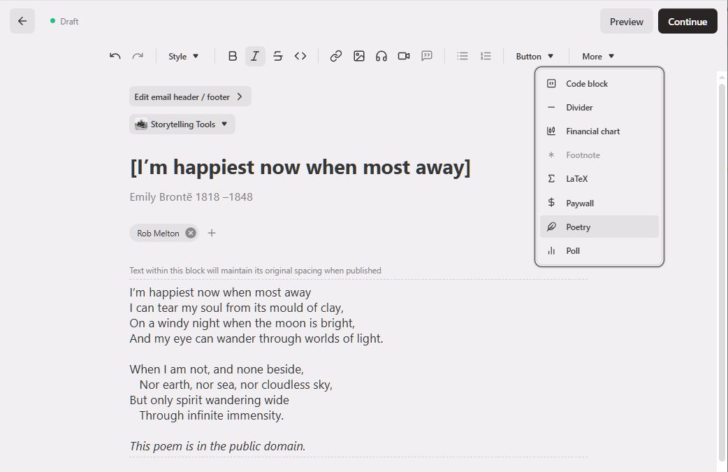 Add Poems Poets: Use this 'More' menu to set your poem exactly the way you want it