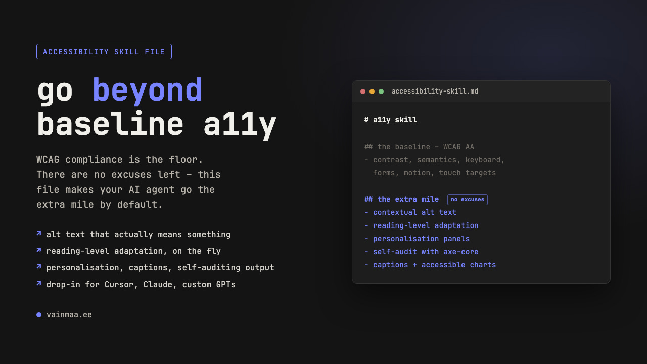 Cover image for the accessibility skill file. Headline: go beyond baseline a11y. Below, a code editor window showing accessibility-skill.md with sections for the WCAG AA baseline and the extra mile: contextual alt text, reading-level adaptation, self-audit with axe-core. Cover image for the accessibility skill file. Headline: go beyond baseline a11y. Below, a code editor window showing accessibility-skill.md with sections for the WCAG AA baseline and the extra mile: contextual alt text, reading-level adaptation, self-audit with axe-core.