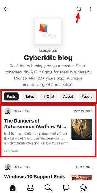 Cyberkite blog interface showing options like Posts and Chat. Featured article "The Dangers of Autonomous Warfare: AI" by Michael Plis.