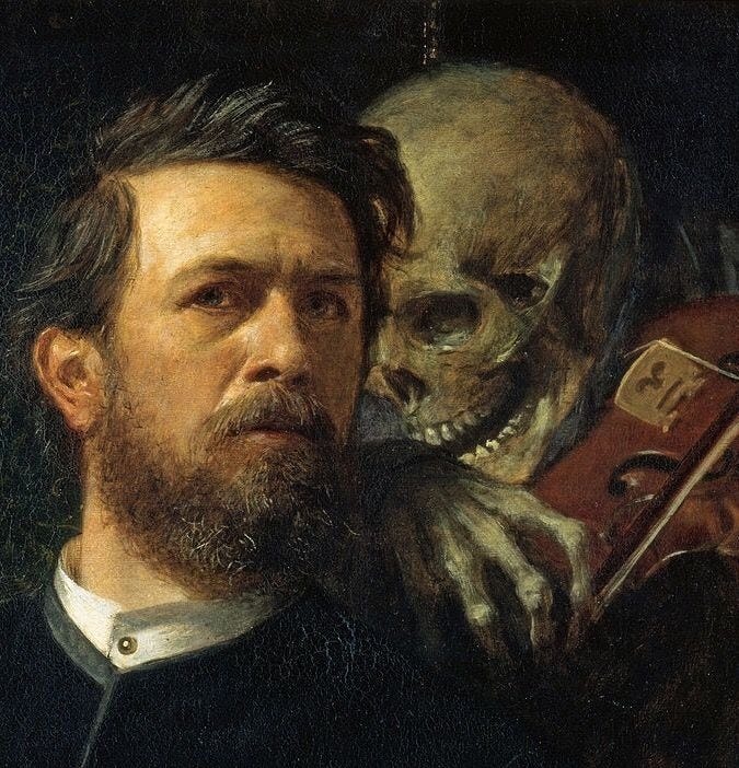 This may contain: a painting of a man with a violin in his hand next to a skeleton holding a paintbrush
