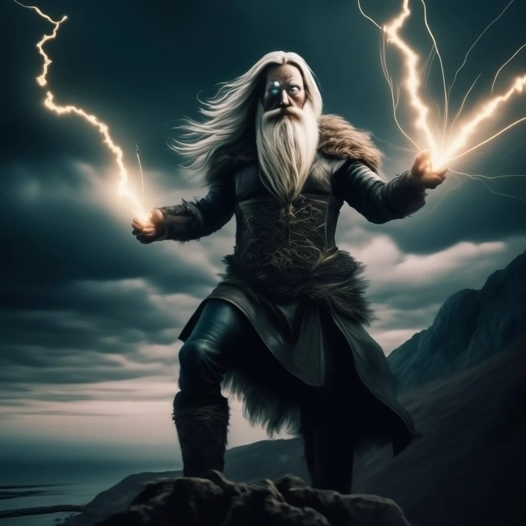 Viking god odin throwing thunderbolts from his hands Viking god odin throwing thunderbolts from his hands