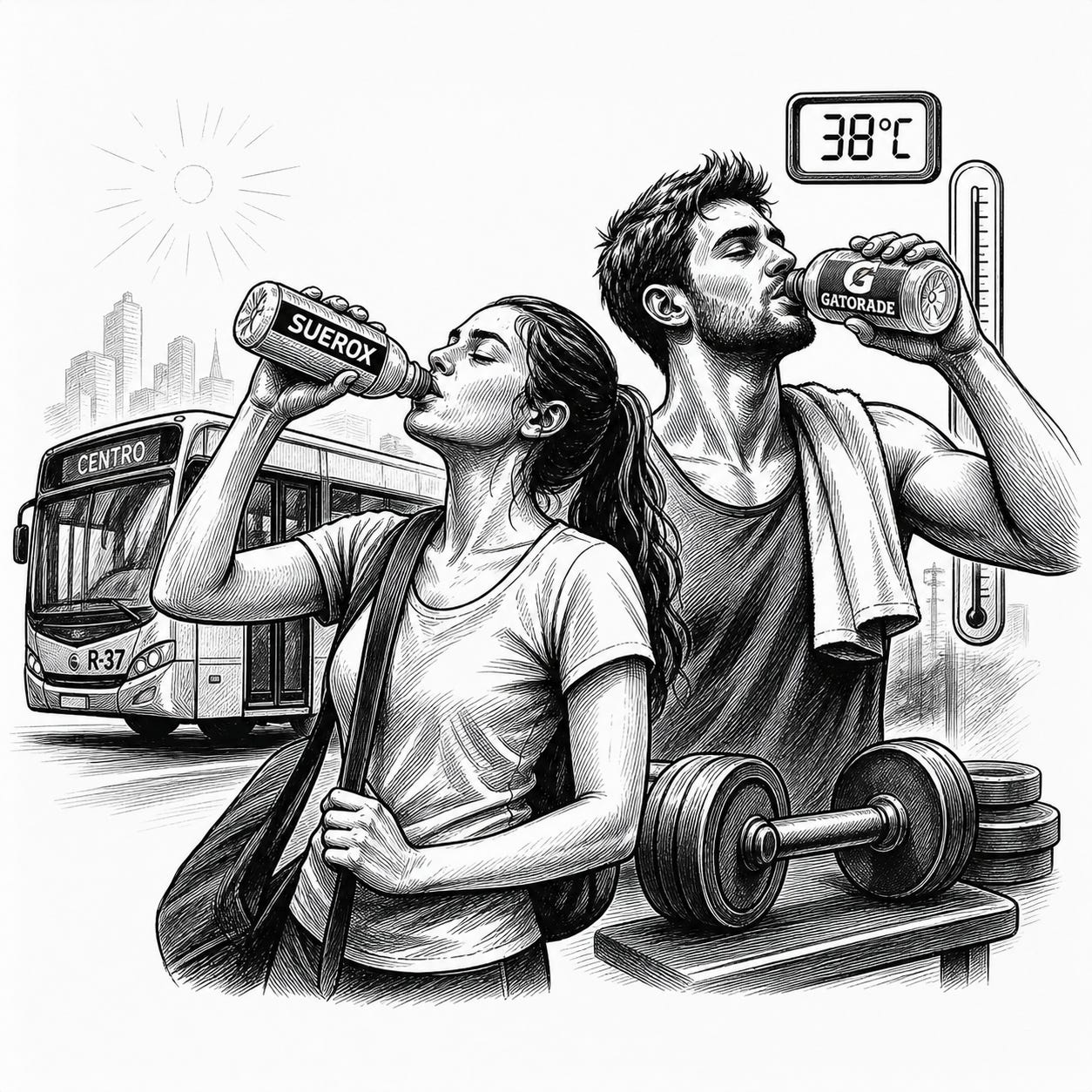 haz una imagen que presente a dos personas tomando bebidas hidratantes como Suerox y Gatorade para sobrevivir a la cruda, al transporte público, al ejercicio, al gimnasio o a las jornadas diarias bajo temperaturas cada vez más extremas, con el estilo visual de la imagen adjunta, pero NO copies la escena, solo es para que tengas una base para los trazos a una tinta haz una imagen que presente a dos personas tomando bebidas hidratantes como Suerox y Gatorade para sobrevivir a la cruda, al transporte público, al ejercicio, al gimnasio o a las jornadas diarias bajo temperaturas cada vez más extremas, con el estilo visual de la imagen adjunta, pero NO copies la escena, solo es para que tengas una base para los trazos a una tinta