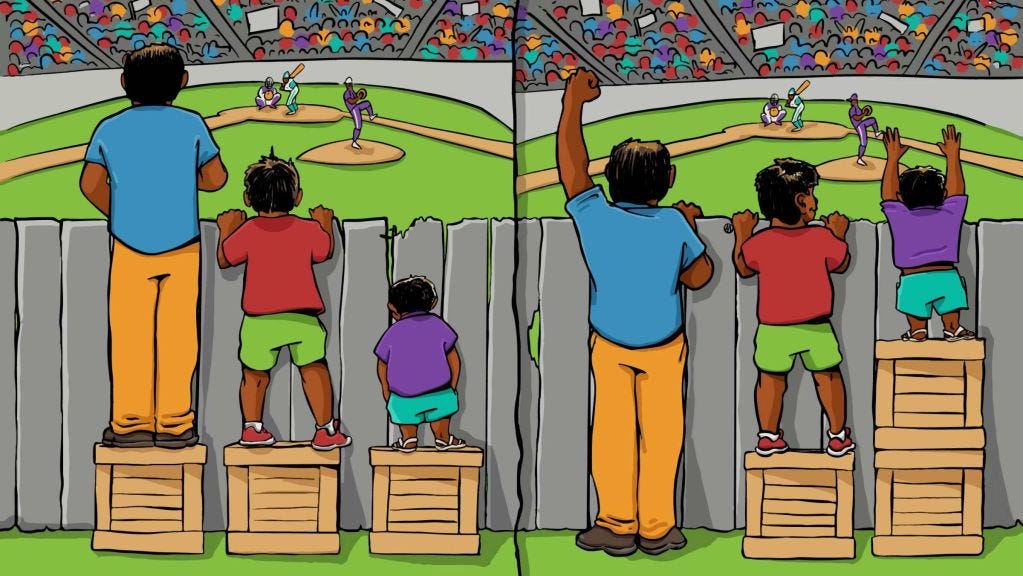A picture showing what equity is supposed to mean. Three people with different sized boxes for them to stand on based on their height.