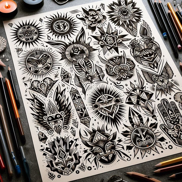 create image of flash paper with numerous tribal and geometric tattoos with no pencils desks or drawing instruments visible