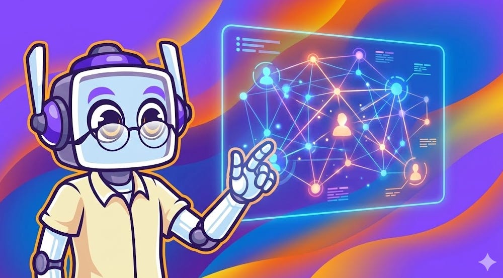 The Neuralbuddy robot character from the specified image, wearing glasses and a beige shirt, points with its right hand to a glowing blue and purple holographic display showing a complex network of human and AI interaction patterns. The scene is set against a wavy purple, blue, and orange gradient background.