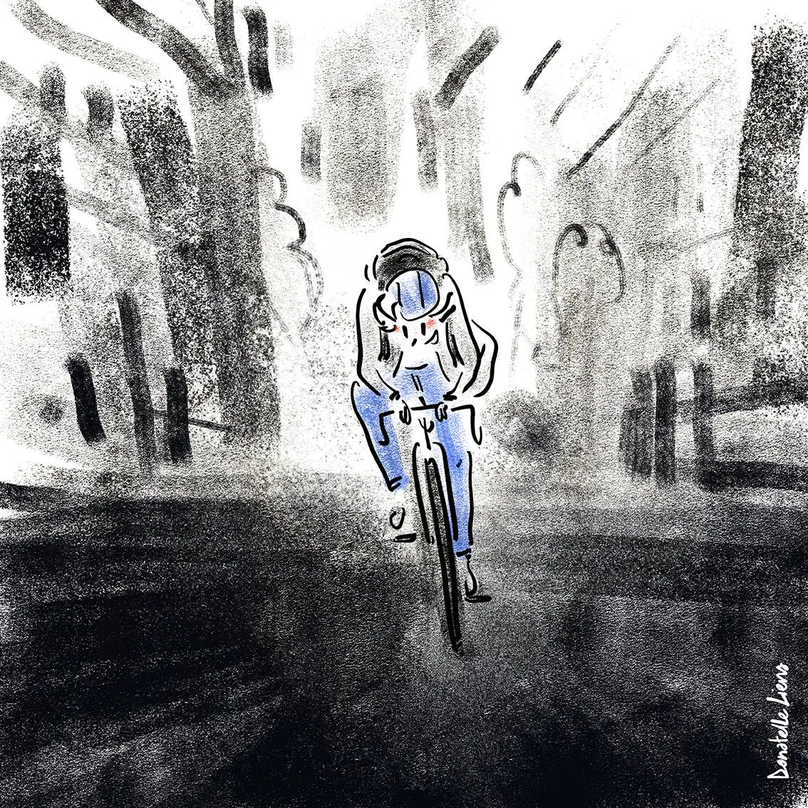 Dessin d'une cycliste qui file dans une ville grise