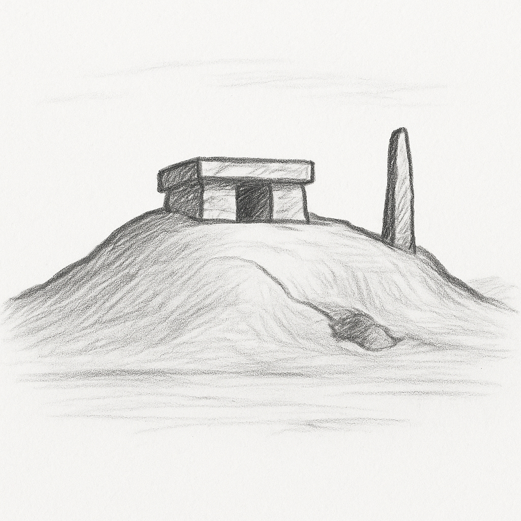 Pencil sketch of a low stone structure with an open dark entrance on top of a natural mound, next to a single tall upright monolith or standing stone; the terrain appears rough and slightly shaded