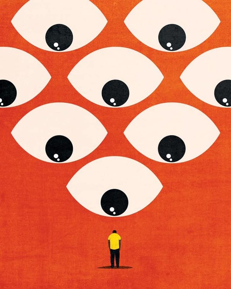 This may contain: a man standing in front of an orange background with eyes on it This may contain: a man standing in front of an orange background with eyes on it