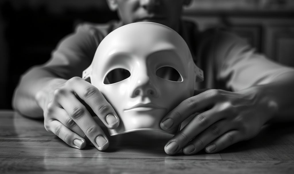 The Weight of the Mask of Competence. A close-up, black-and-white shot of someone’s hands resting on a wooden table, holding a plain white porcelain mask they have just taken off. Their actual face is out of focus or slightly obscured in the background. The Weight of the Mask of Competence. A close-up, black-and-white shot of someone’s hands resting on a wooden table, holding a plain white porcelain mask they have just taken off. Their actual face is out of focus or slightly obscured in the background.
