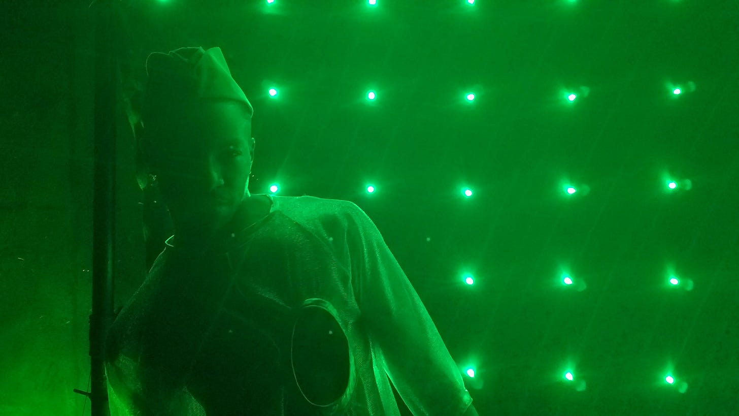The author stands in green stage lighting, wearing a mesh top and headpiece, partially shadowed against a backdrop of glowing LED lights.