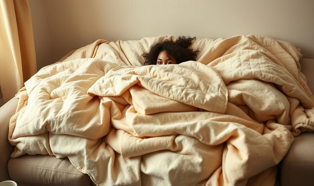 A person buried under a pile of cozy blankets, only their eyes visible.