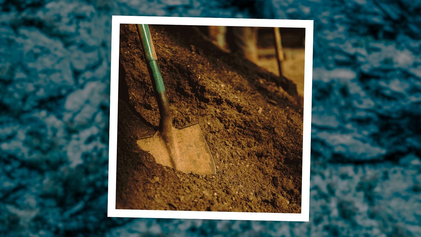 Polaroid photo of a shovel stuck in a mound of dirt