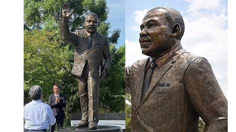Various images of sculptures of Cristiano Ronaldo, Dwyane Wade, and Martin Luther King, Jr.