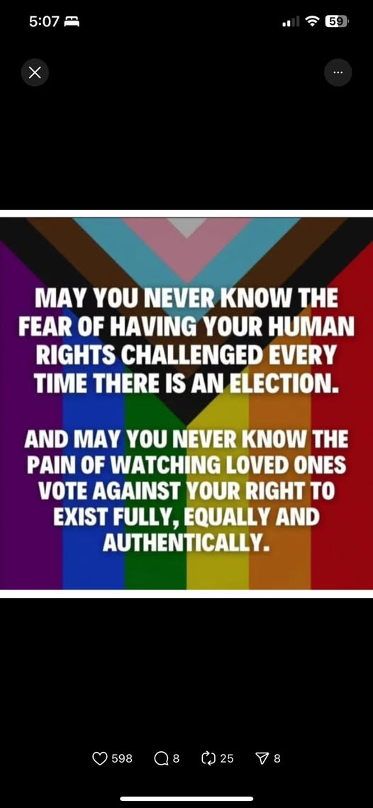 May be a graphic of text that says '5:07 X 59 MAY YOU NEVER KNOW THE FEAR OF HAVING YOUR HUMAN RIGHTS CHALLENGED EVERY TIME THERE IS AN ELECTION. AND MAY YOU NEVER KNOW THE PAIN OF WATCHING LOVED ONES VOTE AGAINST YOUR RIGHT TO EXIST FULLY, EQUALLY AND AUTHENTICALLY. 598 8 25 A 8'