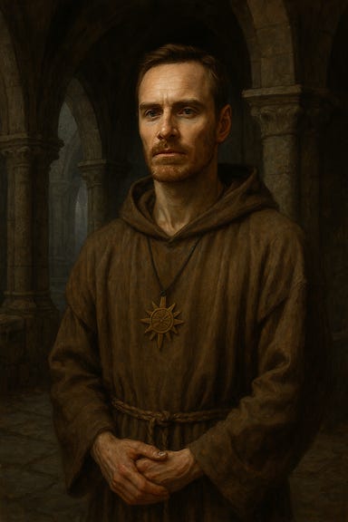 A dark fantasy image of the Abbot, with features reminiscent of Michael Fassbender. He stands within the Abbey of Saint Markovia, clad in a simple brown monk’s robe with sun-faded edges. Around his neck hangs a painted wooden symbol of the sun, delicate but deliberate, swaying with his breath. His face is youthful yet carries an unsettling presence—sharp cheekbones, piercing eyes like cold river stone, and a calm expression that feels both serene and menacing. The firelight from a nearby hearth flickers across his features, casting long shadows. Behind him, the Abbey’s stone walls loom, windows dark, and a faint mist curls at the edges of the room. His posture is composed, hands folded, radiating quiet authority and eerie grace. A dark fantasy image of the Abbot, with features reminiscent of Michael Fassbender. He stands within the Abbey of Saint Markovia, clad in a simple brown monk’s robe with sun-faded edges. Around his neck hangs a painted wooden symbol of the sun, delicate but deliberate, swaying with his breath. His face is youthful yet carries an unsettling presence—sharp cheekbones, piercing eyes like cold river stone, and a calm expression that feels both serene and menacing. The firelight from a nearby hearth flickers across his features, casting long shadows. Behind him, the Abbey’s stone walls loom, windows dark, and a faint mist curls at the edges of the room. His posture is composed, hands folded, radiating quiet authority and eerie grace.