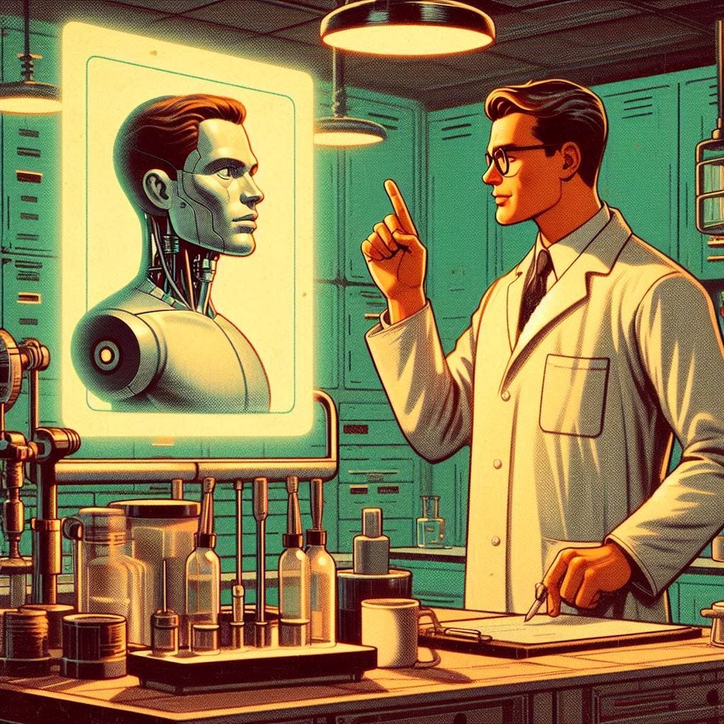 A scientist in a sci-fi laboratory, looking at his artificial clone that looks exactly like him, in a vintage/retro animated art style.