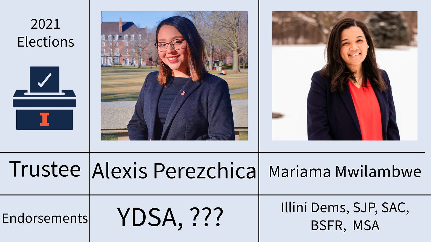 Alexis Perezchica was endorsed by YDSA and ???. Mariama Mwilambwe was endorsed by Illini Dems, SJP, SAC, BSFR and MSA.