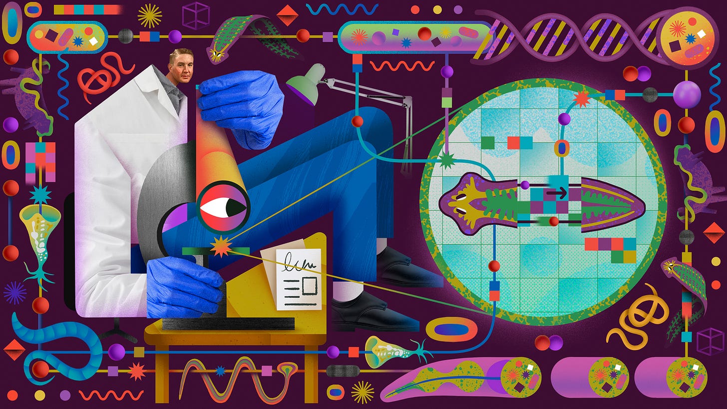 An illustration of a scientist surrounded by biological symbols