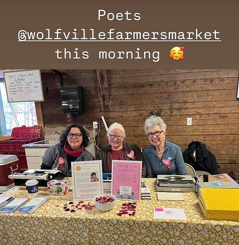 three photos - one of three poets at a table with typewriters, one of a cloth heart with the word "poet" stitched on it, one of a dark-haried woman with classes wearing a pin that says "resist"