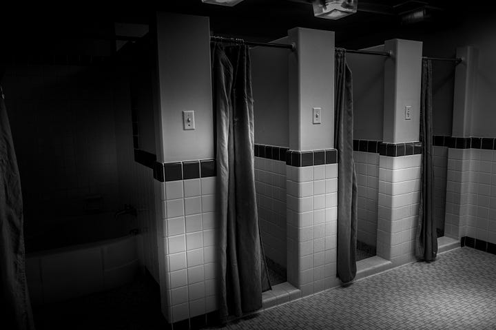 door room, bricks, hallway, shared bathroom