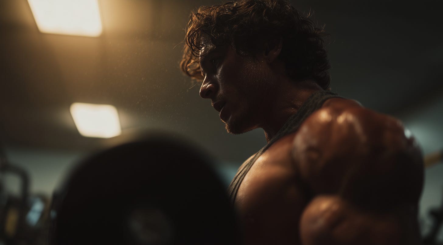 Male bodybuilder doing bicep curls in the gym. 