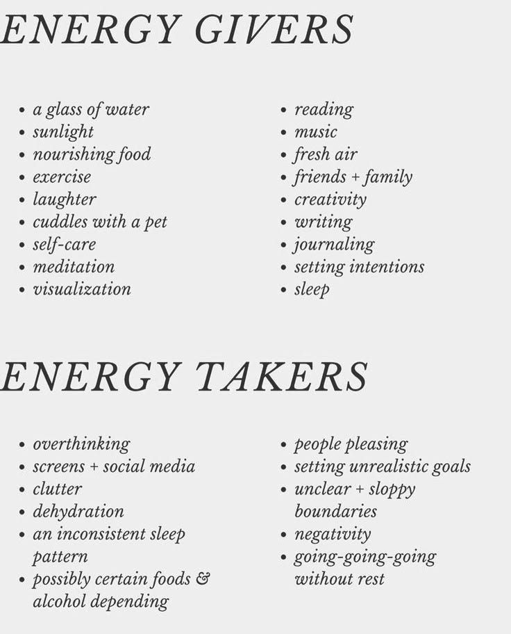 This contains: Energy Givers - glass of water, sunlight, nourishing food, exercise, laughter, cuddles with a pet, self care, meditation, visualization, reading, music, fresh air, friends, family, creativity, writing, Journaling, setting intentions, sleep. Energy Takers - overthrowing, screens, social media, clusters, dehydration, inconsistent sleep pattern, certain foods and alcohol, people pleasing, setting unrealistic goals, unclear and sloppy boundaries, negativity, no rest