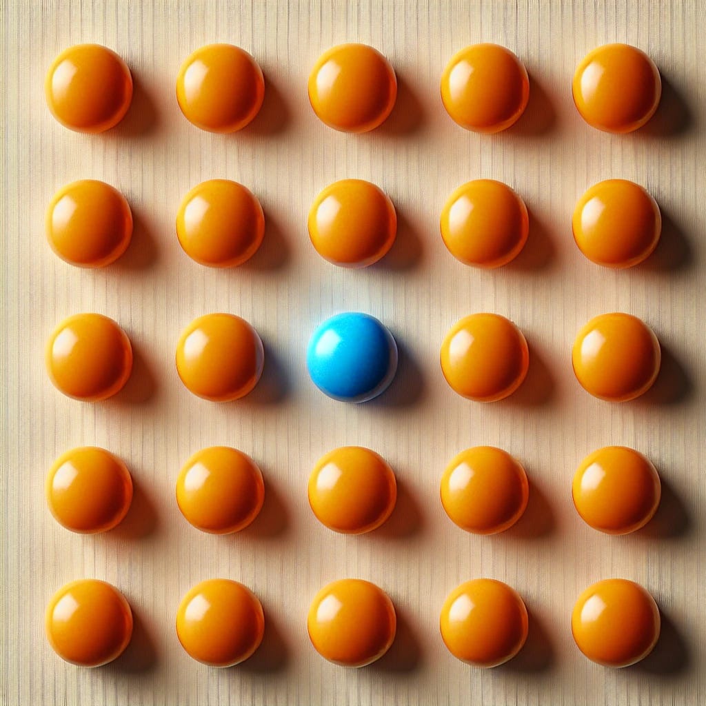 A minimalist product-style image taken from above, showing unwrapped round hard candies arranged in a regular grid with even spacing between each candy. All candies are bright orange, except for one single, distinct blue candy that clearly contrasts with the others. The grid layout is precise, with each candy evenly spaced on a plain background, using soft lighting to draw attention to the one blue candy among the orange ones.