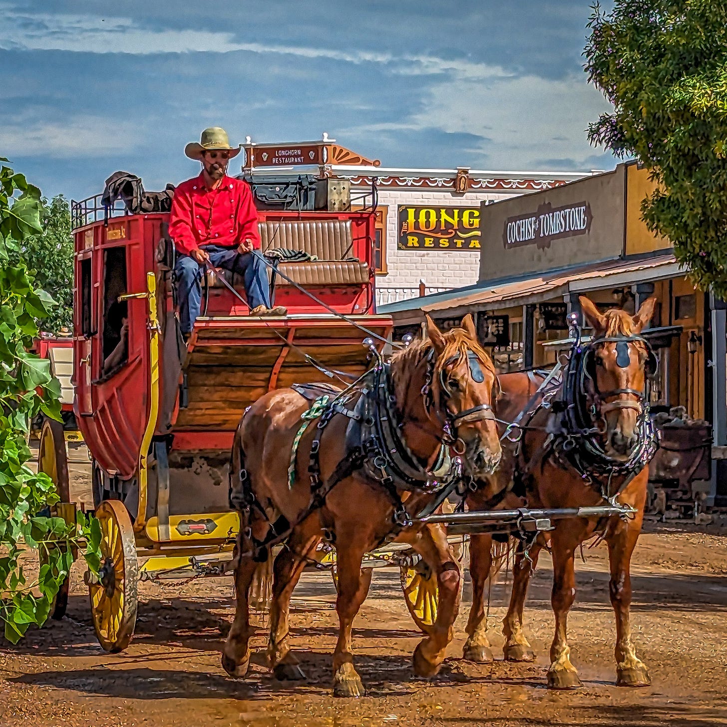 Man sitting in a carriage drawn by two horses on a dirt street in Tombstone Arizona Man sitting in a carriage drawn by two horses on a dirt street in Tombstone Arizona