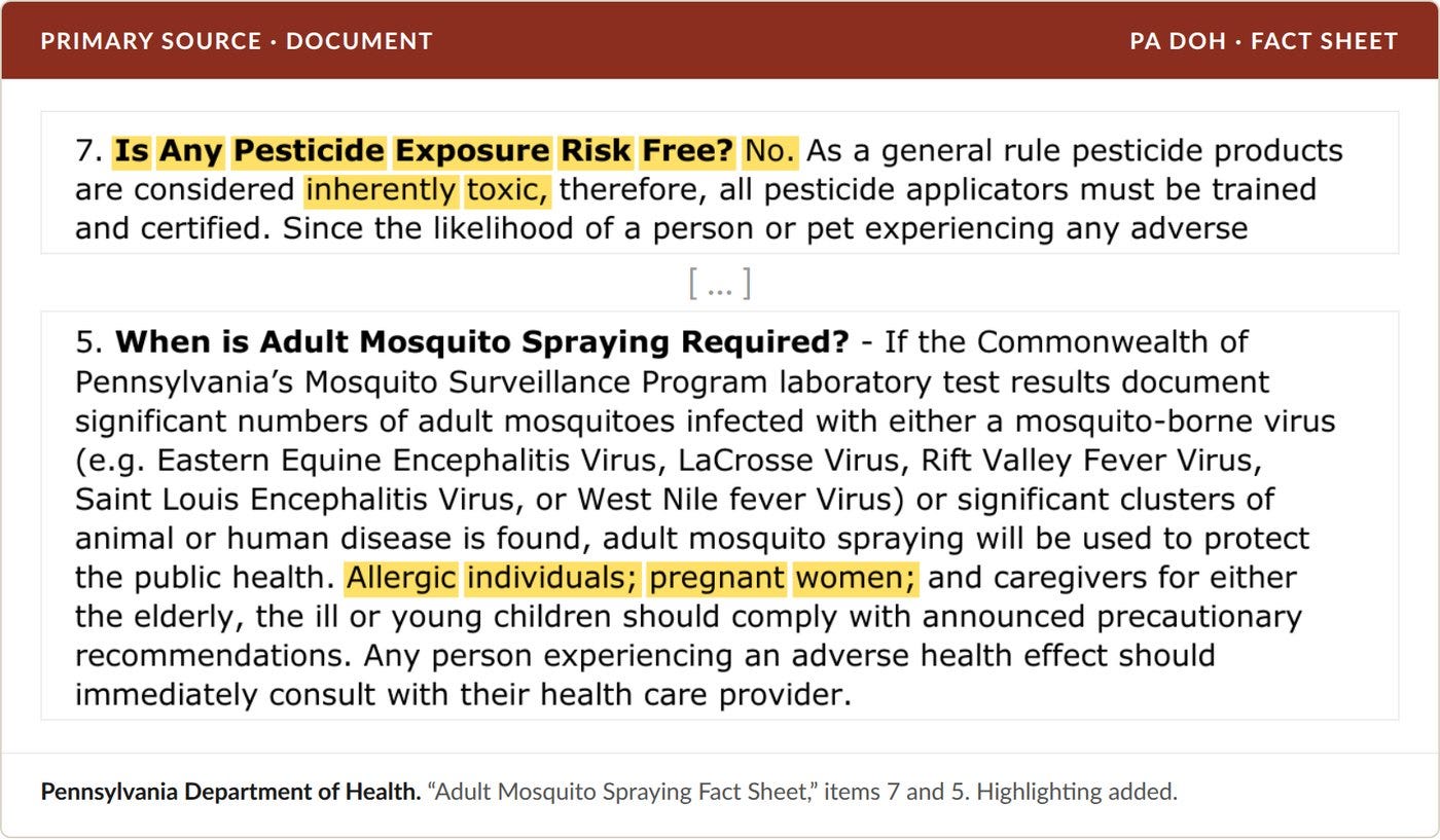 PA Department of Health, "Adult Mosquito Spraying Fact Sheet." Highlighting added.