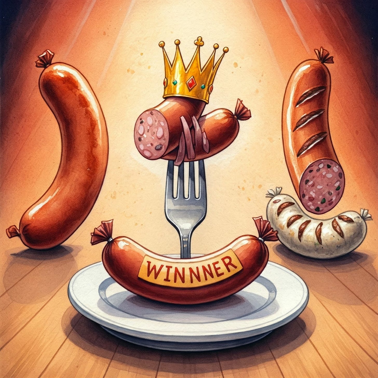 Fork holding up a bite of the winning sausage with a crown on its head Fork holding up a bite of the winning sausage with a crown on its head