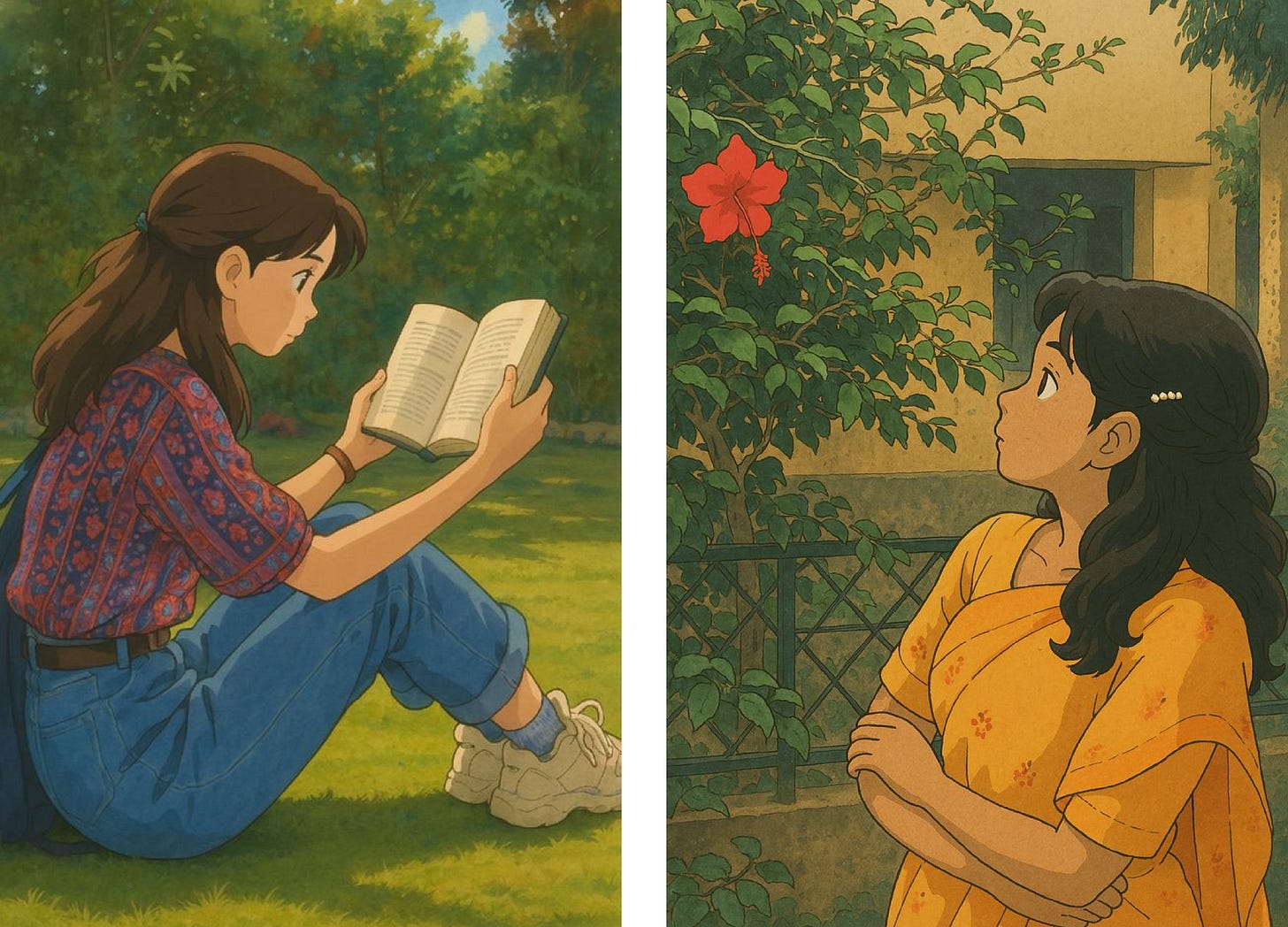 Two AI-generated images in the style of Studio Ghibli. On the left, a girl sits on the grass reading a book, surrounded by trees and soft sunlight. On the right, a woman in a yellow sari gazes at a red hibiscus flower on a leafy plant, with a shaded building in the background. Both images feature warm, nostalgic tones and painterly textures.