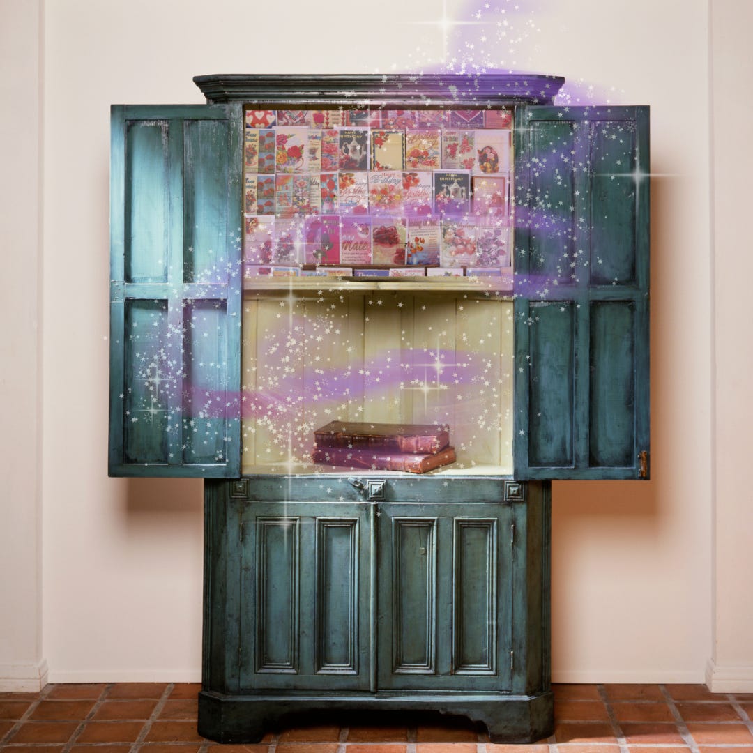 Photo of an armoire with greeting cards. The Art of Mending Hearts by Sylvie Kurtz https://sylviekurtz.com