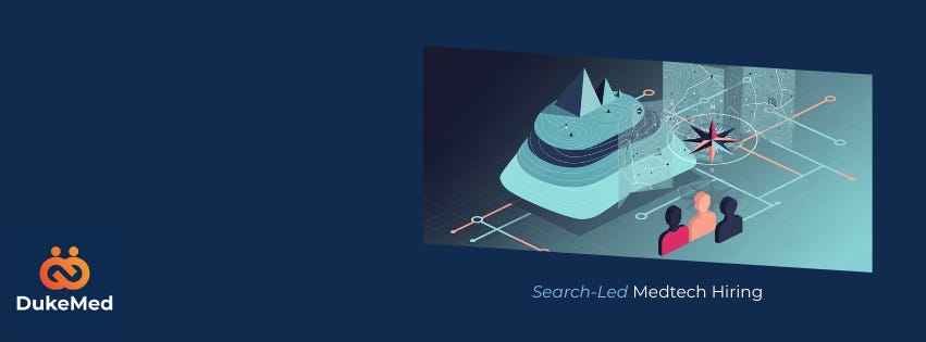 A professional dark blue banner featuring the DukeMed logo and a stylized geometric infographic of an iceberg, compass, and talent nodes, with the text "Search-Led Medtech Hiring.