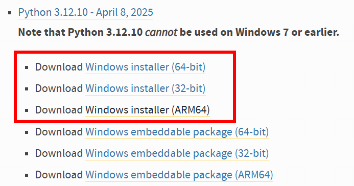 Screenshot of the Python.org downloads page showing Python 3.12.10 release options for Windows. Three Windows installer links are highlighted with a red rectangle: 64-bit, 32-bit, and ARM64. Additional options for Windows embeddable packages are listed below, unhighlighted.