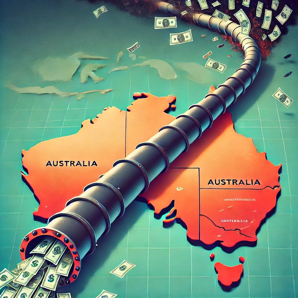 A political and economic-themed digital illustration showing a large pipeline of money flowing from the right to the left across a stylized map of Australia. The pipeline carries cash from the eastern side of Australia to the western side, with money visibly flying out of the pipe as it reaches the west. The map has no names or labels. The scene has a dramatic, editorial feel, resembling an article cover from The Economist. The colors are bold and striking, with a mix of modern infographic elements and traditional political cartoon influences.