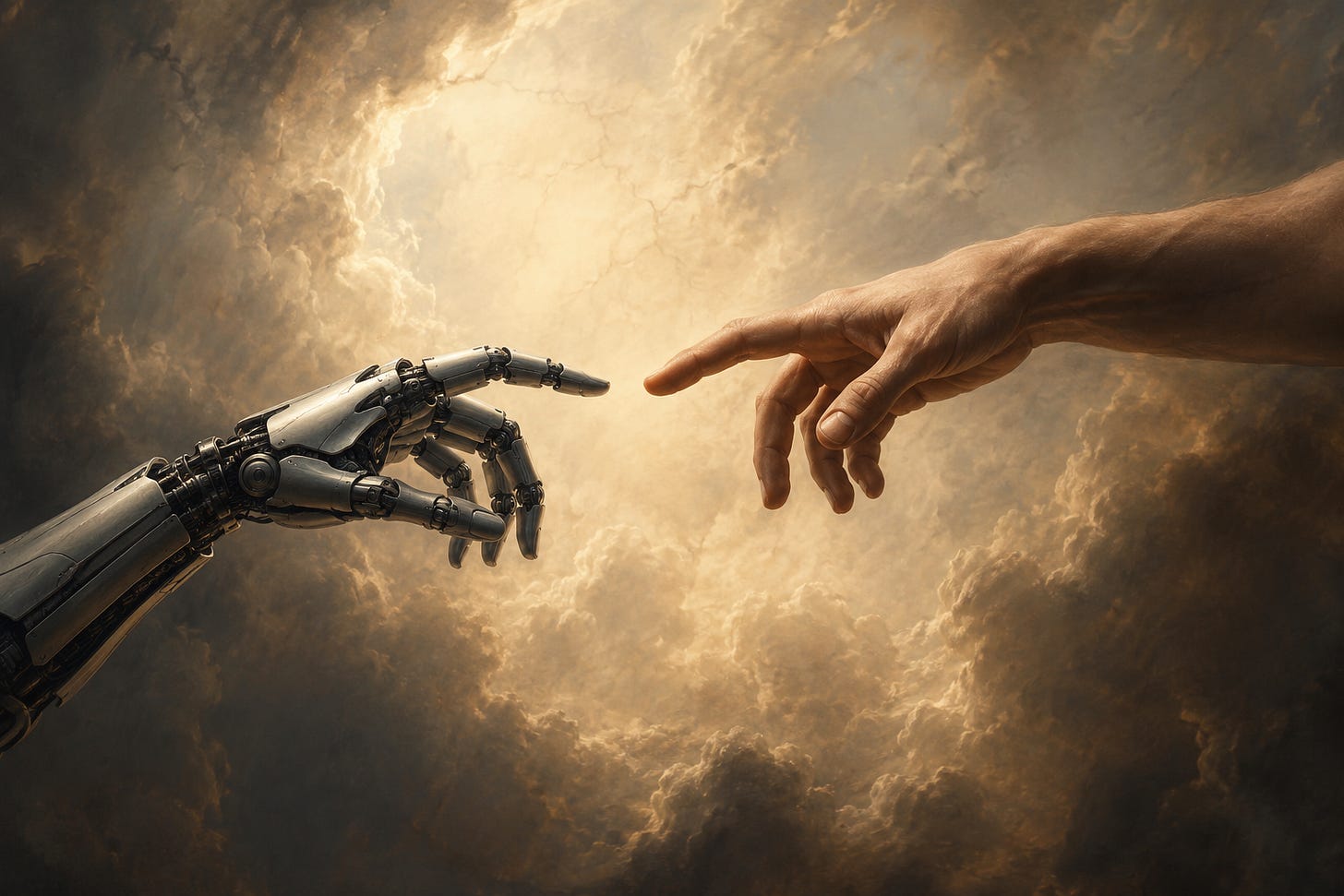 Hand of a human and a robot reaching toward each other, Sistine Chapel style