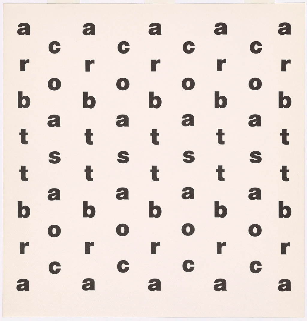 In this print, lines of the repeated individual letters of the word "Acrobat," "a", "c", "r", "o", "b", "a", and "t" create an animated pattern.  