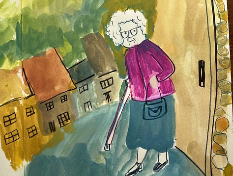 illustrations of people and a vulture drawn by Beth Spencer