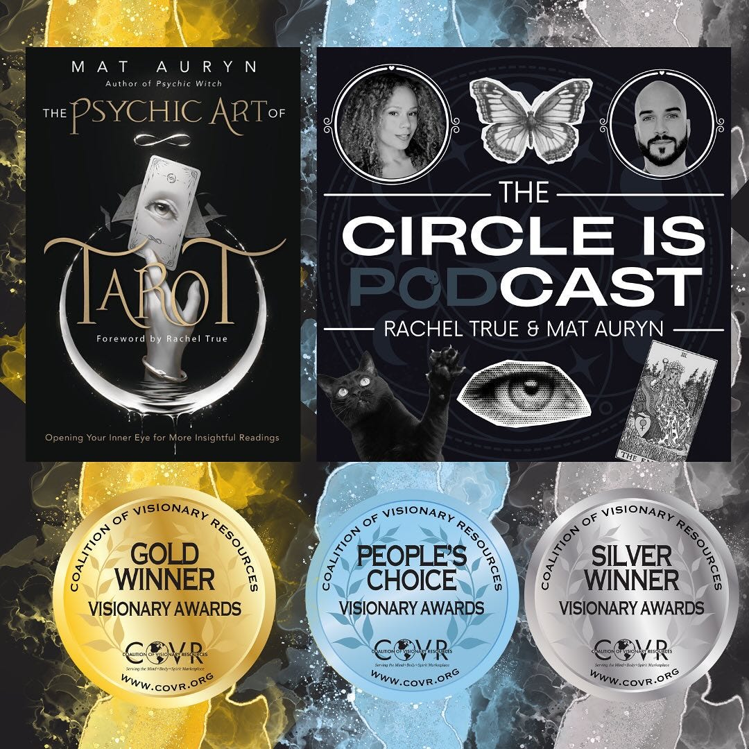 May be an image of ‎1 person and ‎text that says '‎MATAURYN MAT AURYN Auther PrychreWitch THEPSYCHICART ARTo OF HEPSYCHIC (AROT Foreword by Rachel Rachel rue కకా THE CIRCLE IS CAST RACHEL TRUE & MAT AURYN OF VISIONARY GOLD WINNER RESOURCES VISIONARY VISIONARYAWARDS AWARDS ) OF VISIONARY PEOPLE'S CHOICE VISIONARY VISIONARYAWARDS AWARDS វ OF VISIONARY SILVER WINNER VISIONARYAWARDS VISIONARY AWARDS COVR www COVR. ORG حن CAVR www WWW.COVR.ORG W.COVR.O COVR ORG GLVR WWW.COVR.ORG WWW.COVR.OR‎'‎‎