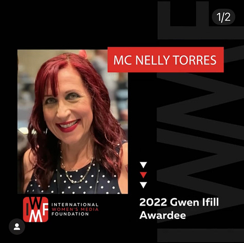 Mc Nelly Torres as the recipient of the 2022 Gwen Ifill Award (top left), recording an audio piece in Spanish in her closet, on assignment in Puerto Rico after Hurricane Maria with photographer Angel Valentin, as Sun-Sentinel staff at the NAHJ convention in 2006 and last picture in Humacao after Hurricane Maria. 
