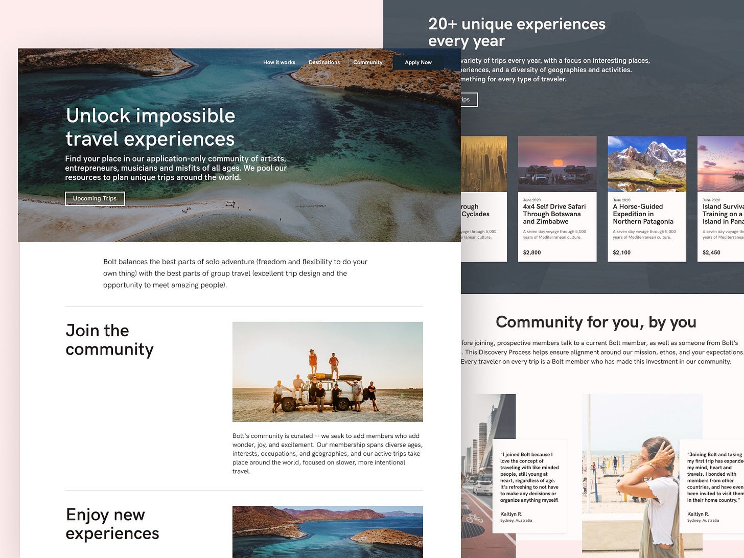 Bolt Travel Homepage webflow experiences photogrpahy nocode webdesign adventure landing homepage trips travel