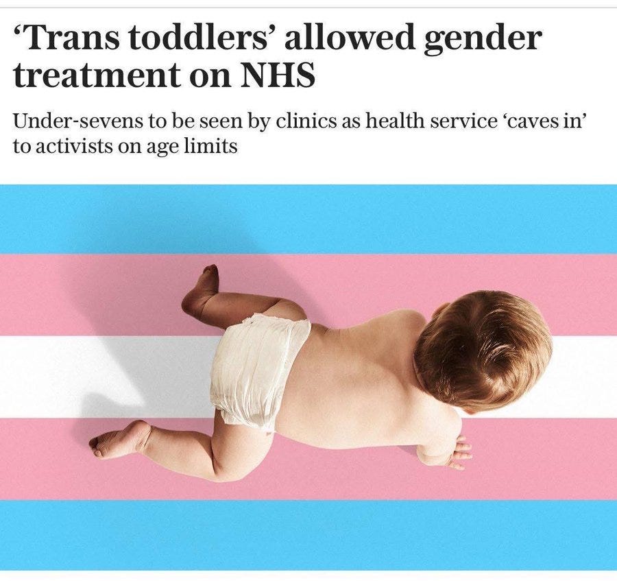 The image features a headline from a news article stating "'Trans toddlers' allowed gender treatment on NHS" with a subheading "Under-sevens to be seen by clinics as health service 'caves in' to activists on age limits". Below the text, there is a photograph of a toddler crawling on a surface with the transgender pride flag colors (light blue, pink, and white) in the background. The post text by stepfanie tyler (@wildbarestepf) expresses strong opposition to gender-affirming treatments for young children, emphasizing a belief that gender identity cannot be changed and advocating for leaving children out of such decisions until adulthood.