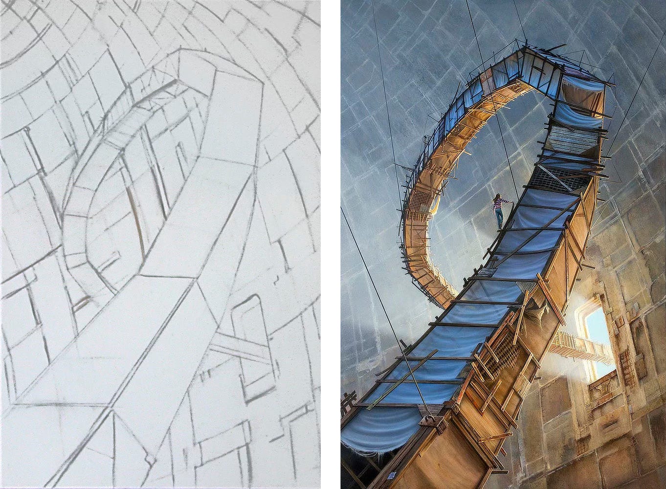 LEFT: Charcoal drawing on canvas featuring a twisting structure that takes the shape of the number 9 as it threads the needle through an opening in the wall. Irregular rectangular panels have been sketched onto the wall. RIGHT: A winding shaft, built of makeshift boards and other found materials, climbs up a seemingly endless stone chamber. Fabric, mostly intact, stretches across the frame of the boards creating a contained space inside, but a young woman in a red striped shirt and blue jeans stands astride the outside peering over to where light spills through an opening in the massive stone facade. The structure continues upward supported by cables at many points before it corkscrews over—like the arc of a roller coaster but far less structurally sound—and winds through an opening in the stone wall out to blue sky. LEFT: Charcoal drawing on canvas featuring a twisting structure that takes the shape of the number 9 as it threads the needle through an opening in the wall. Irregular rectangular panels have been sketched onto the wall. RIGHT: A winding shaft, built of makeshift boards and other found materials, climbs up a seemingly endless stone chamber. Fabric, mostly intact, stretches across the frame of the boards creating a contained space inside, but a young woman in a red striped shirt and blue jeans stands astride the outside peering over to where light spills through an opening in the massive stone facade. The structure continues upward supported by cables at many points before it corkscrews over—like the arc of a roller coaster but far less structurally sound—and winds through an opening in the stone wall out to blue sky.