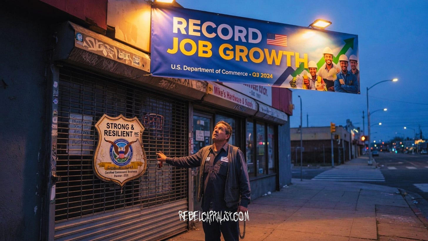 Person pointing at "Record Job Growth" banner above closed storefront with security gates Person pointing at "Record Job Growth" banner above closed storefront with security gates