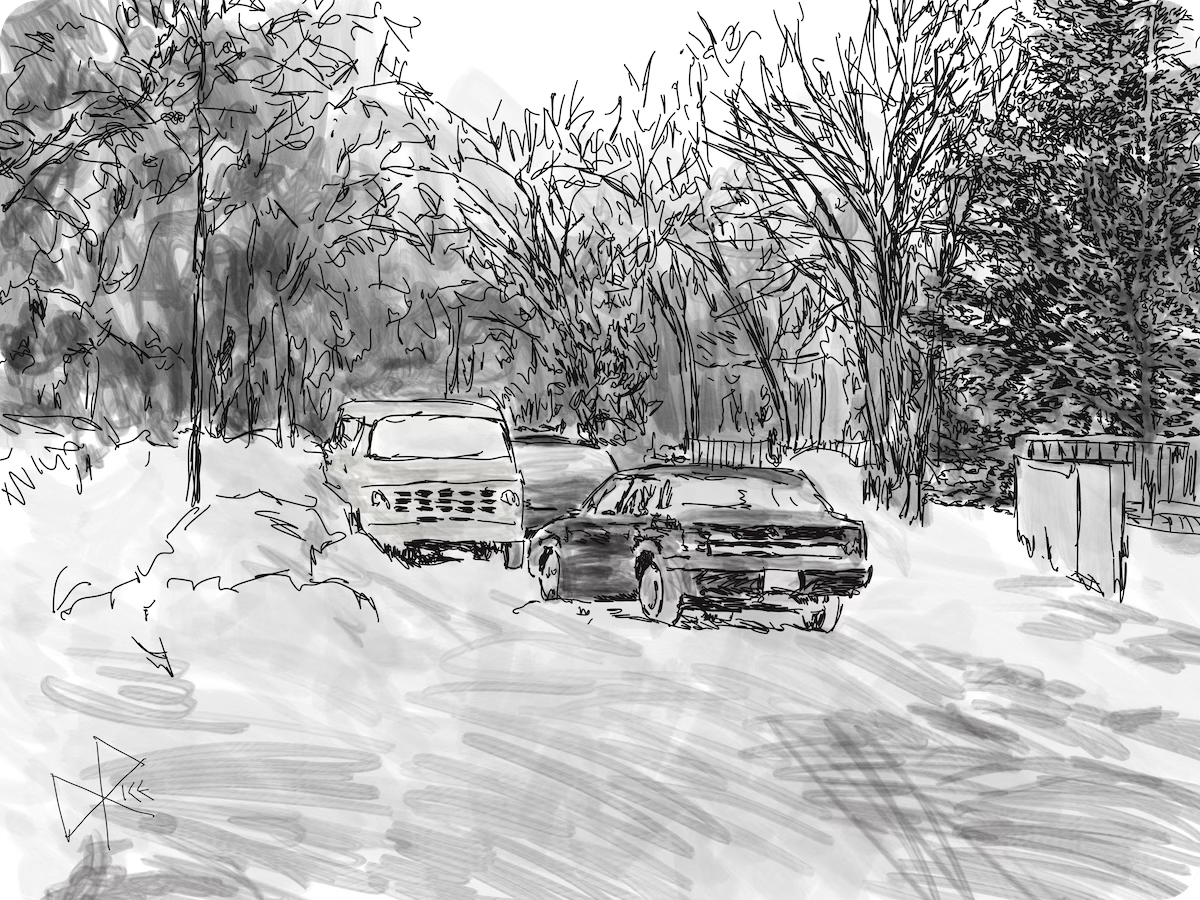 Two vehicles trying to commute in opposite directions on a residential street, but the snow and other parked automobiles make it a challenge to get past each other. Of course, the sedan should reliquish, but seems unwilling to do so. Sketch art by Don Rice.