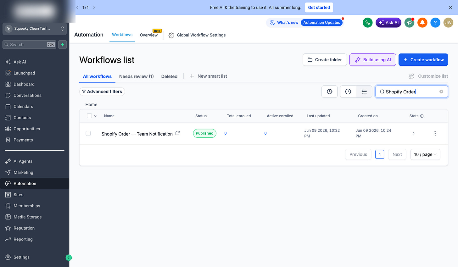 GoHighLevel workflows list showing the new 'Shopify Order — Team Notification' workflow with Published status GoHighLevel workflows list showing the new 'Shopify Order — Team Notification' workflow with Published status