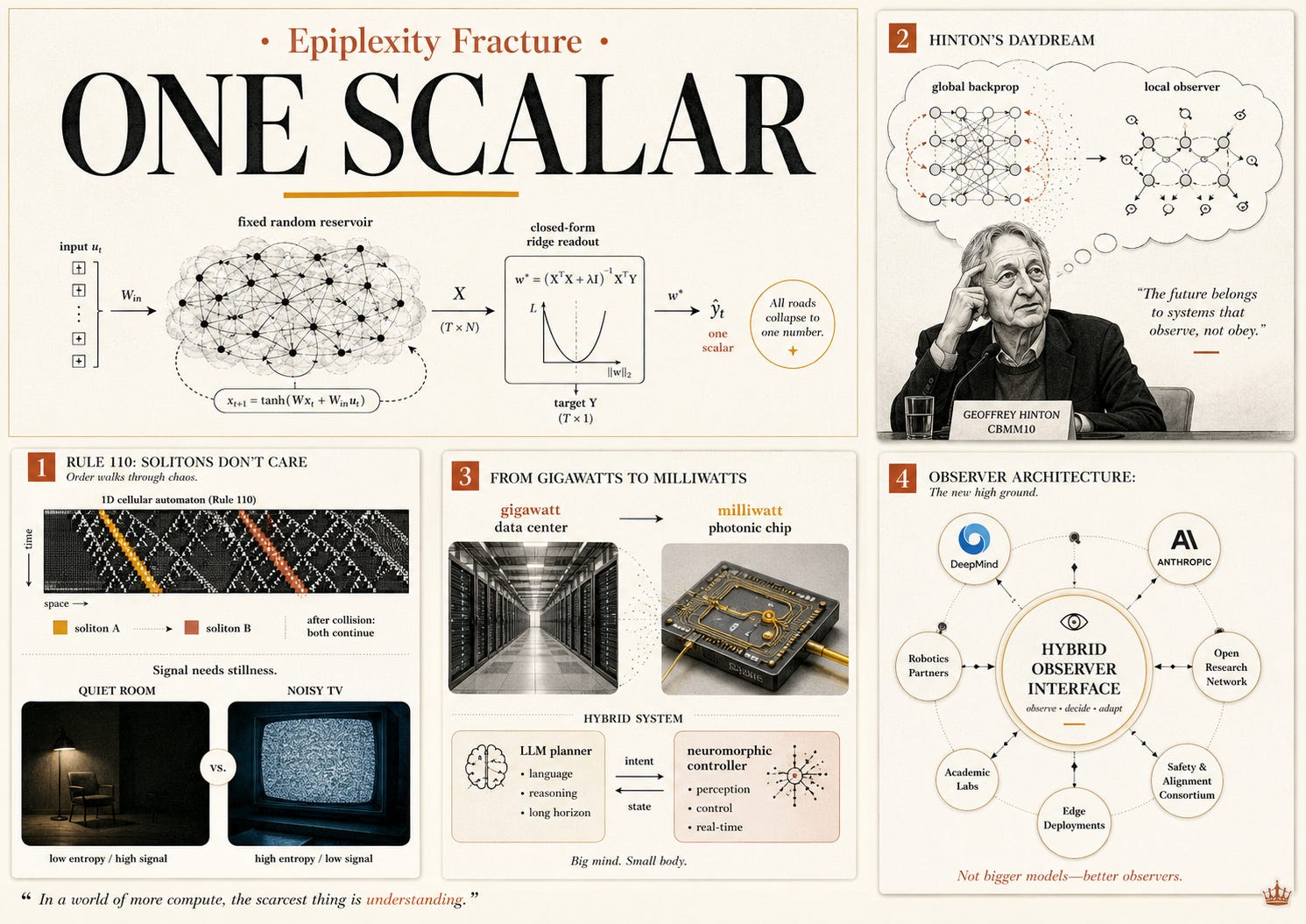 One scalar. Local rules. Spontaneous computation.